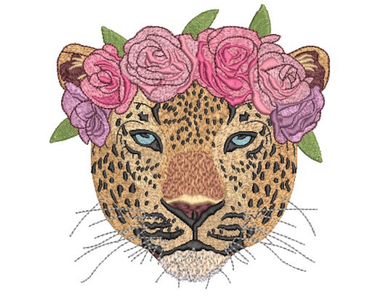 Leopard Flower Crown Machine Embroidery File design - 6x10 inch hoop - Leopard Face - instant download