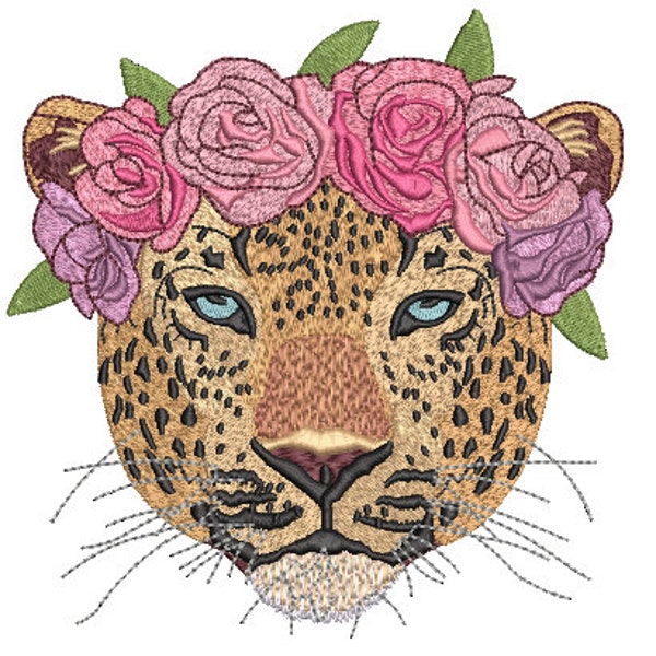 Leopard Flower Crown Machine Embroidery File design - 6x10 inch hoop - Leopard Face - instant download