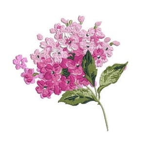 May include: An embroidered patch featuring a cluster of pink and light pink hydrangea flowers with small white accents. The floral design includes two detailed green leaves attached to a thin stem, rendered with visible thread texture throughout.