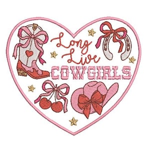 May include: Pink heart-shaped design with the text "Long Live Cowgirls" inside. The design includes a cowboy boot, a cowboy hat, a horseshoe, cherries, and stars.