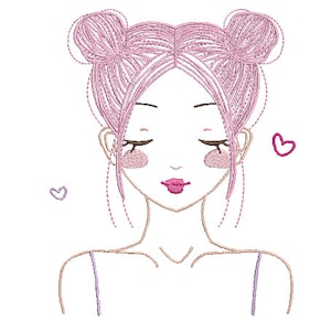 Girl With Buns - Machine Embroidery File design - 5x7 inch hoop - Instant download - Boho Design
