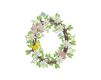 Peut inclure: Une couronne florale avec des marguerites blanches, des feuilles vertes et des nœuds roses. Deux oiseaux, un jaune et un rose, sont perchés sur les branches.