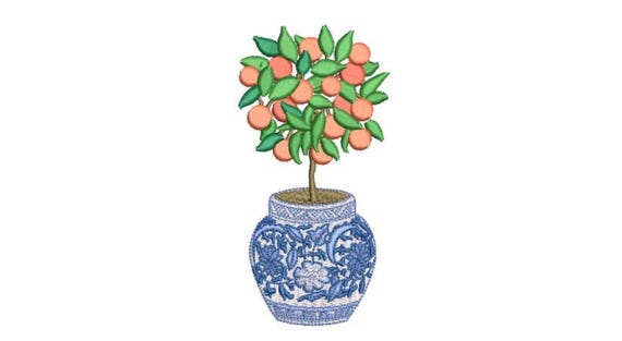 Chinoiserie Orange Tree - Hamptons Pot Plant - Machine Embroidery File design -5 x 7 inch hoop - Instant Download