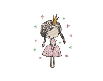 Princess Sketch With Stars and Crown Machine Embroidery File design 4x4 inch or 10cm x 10cm hoop - instant download