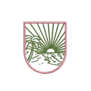 May include: An embroidery design featuring a shield-shaped outline in light pink. Inside the shield, green thread depicts a tropical scene with a palm tree on the left, a sun with radiating beams above, and a textured shoreline along the bottom.