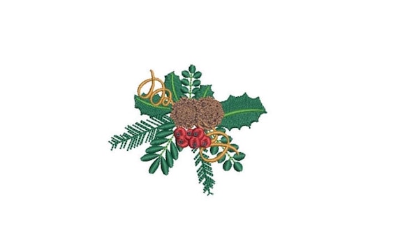 Christmas Holly Berry Pine Embroidery - 3 inches - Machine Embroidery File - design 4x4 inch hoop - Monogram frame
