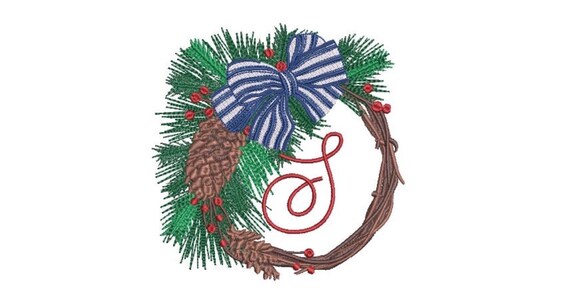 Christmas Pine Cone Wreath Embroidery - Machine Embroidery File - design 5x7 inch hoop - Monogram frame