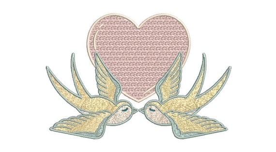 Pastel Heart Birds Machine Embroidery File design - 5x7 inch hoop - Wedding Embroidery instant download