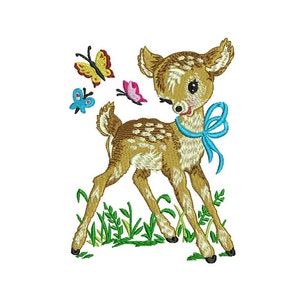 May include: A brown and white fawn with a blue bow is standing in a field of green grass. There are three butterflies flying around the fawn, one yellow, one pink, and one blue.