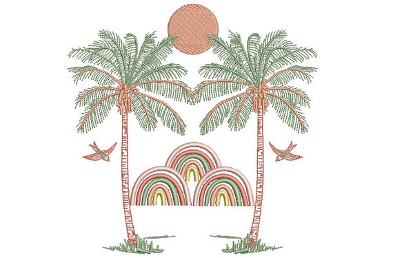 Palms Sun Rainbow Sunset Embroidery Design - Parasol Monkey Pagoda Embroidery Design - Machine Embroidery File design -  8x8 inch hoop