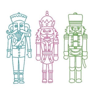 May include: Three nutcracker figures rendered in a dashed-line embroidery style. The left figure is teal, the center figure is magenta, and the right figure is green. Each nutcracker features a distinct uniform, hat, and facial hair design.