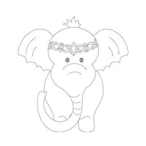 May include: A black and white line drawing of a cartoon elephant with a decorative floral crown. The elephant has large ears and a trunk curled up.
