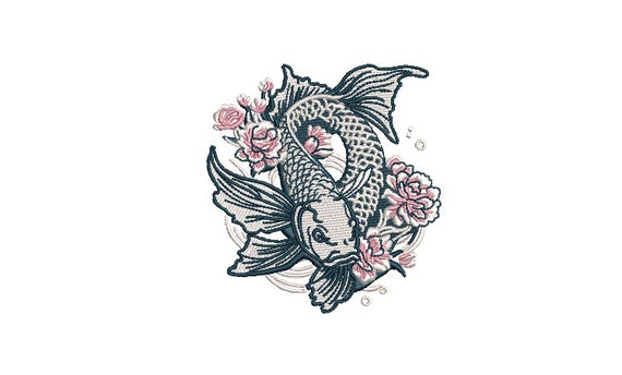 Koi Fish and Peonies Machine Embroidery File design - 4x4 inch hoop - Koi Embroidery Design