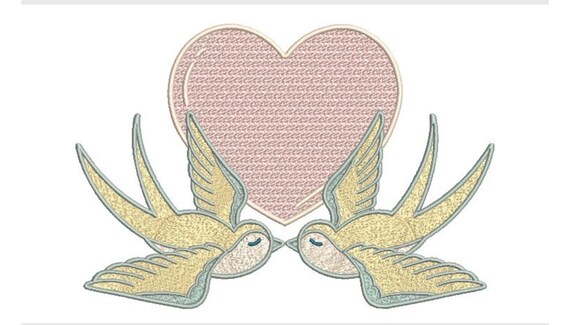 Pastel Heart Birds Machine Embroidery File design - 7x12 inch hoop - Wedding Embroidery instant download