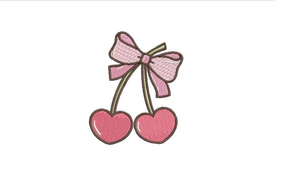 Cherry Hearts Bow Embroidery Design - Machine Embroidery Instant Download File - Cherries Coquette Bow - 4x4 inches