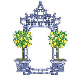 Chinoiserie Lemon Tree Pagoda - Machine Embroidery File design -5 x 7 inch hoop - Instant Download - Monogram Frame