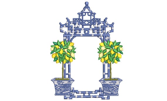 Chinoiserie Lemon Tree Pagoda - Machine Embroidery File design -5 x 7 inch hoop - Instant Download - Monogram Frame