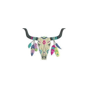 May include: A white bull skull with colorful feathers hanging from the horns. The skull has a geometric design and a pink diamond in the center of the forehead.