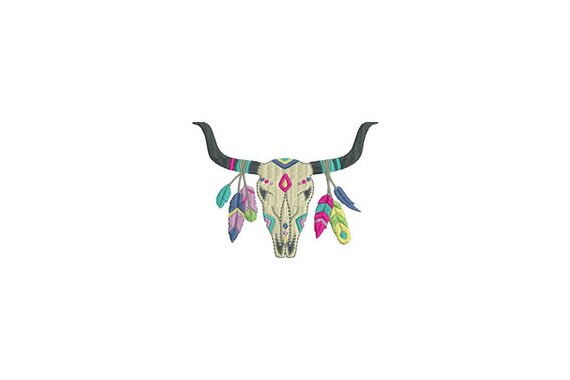 Machine Embroidery Bohemian Skull Horns With Feathers Embroidery File design 4x4 inch hoop
