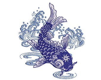 Chinoiserie Blue Koi Fish Machine Diseño de archivo de bordado - aro de 4x4 pulgadas - Koi Design