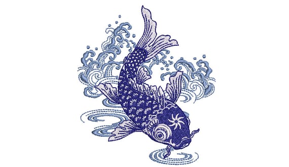 Chinoiserie Blue Koi Fish Machine Embroidery File design - 4x4 inch hoop - Koi Design