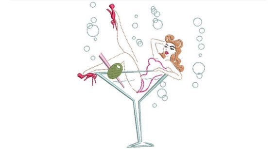 Pinup Girl Martini - Retro Machine Embroidery File design - 5 x 7 inch hoop - Vintage Style Embroidery