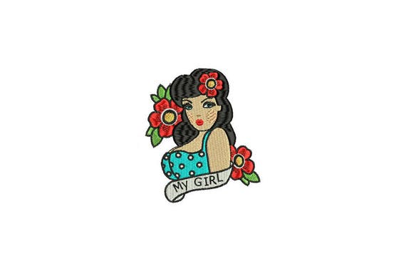 My Girl Pinup Tattoo Retro Machine Embroidery File design 4 x 4 inch hoop