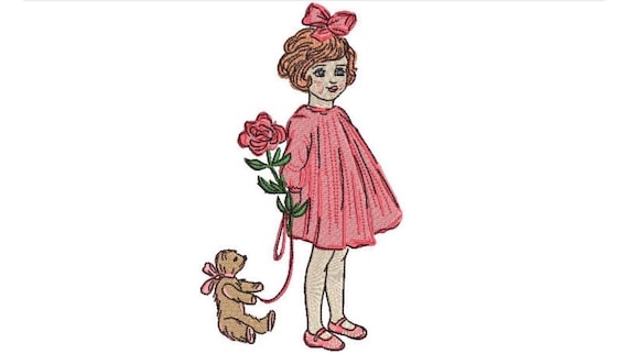 Little Girl And Teddy Embroidery Design - Machine Embroidery File design - 5x7 hoop - Vintage Style Embroidery Design