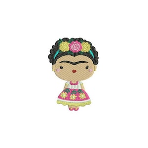 May include: Embroidered design of a cartoon Frida Kahlo with dark hair, a flower crown, and a pink dress with yellow flowers.