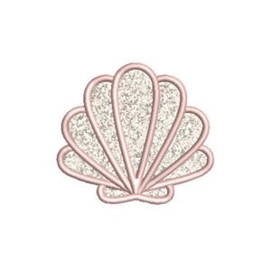 May include: An embroidered seashell patch featuring a light pink stitched outline and a shimmering, glittery silver-white interior. The design consists of five distinct fan-shaped segments radiating from the base, creating a textured, decorative motif.