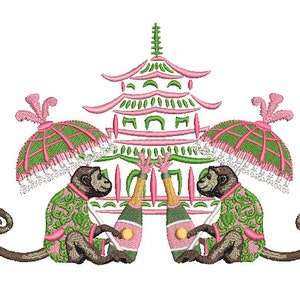 Może przedstawiać: Haftowany wzór przedstawiający dwie małpy w zielonych i różowych strojach, trzymające butelki szampana, z różową i zieloną pagodą i parasolami. Wzór jest na białym tle.