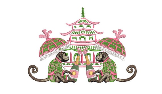 Chinoiserie Chic Machine Embroidery Design  - Monkey Pagoda Parasol Champagne - 5x7 hoop - sideways