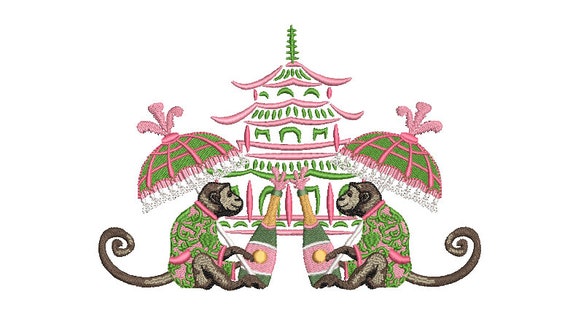Chinoiserie Chic Machine Embroidery Design  - Monkey Pagoda Parasol Champagne - 5x7 hoop - sideways