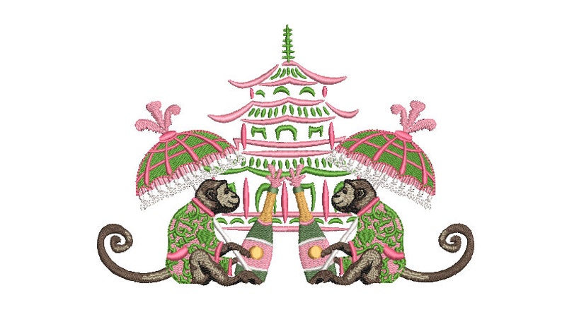 May include: An embroidery design featuring two brown monkeys wearing green and pink patterned jackets, each holding a champagne bottle. They are positioned under pink and green parasols, flanking a central pink and green pagoda structure.