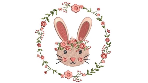 Peach Bunny Wreath  - Machine Embroidery File design 5 x 7 inch hoop - Easter Embroidery Design