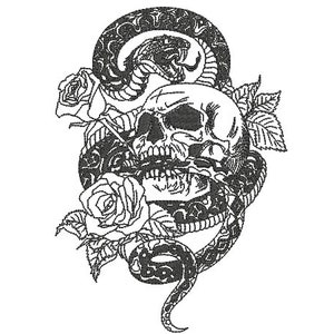 Może przedstawiać: Czarno-biały projekt tatuażu w stylu line art przedstawiający czaszkę z wężem owiniętym wokół niej i różami.
