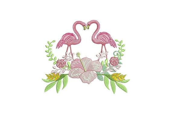 Flamingo Love Pair Flowers Bohemian Machine Embroidery File design 5x7 hoop - instant download