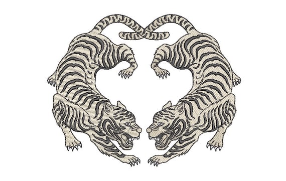 Two Tigers Embroidery Design - Machine Embroidery File design 6x10 inch hoop - Chinoiserie Tiger Frame - instant download