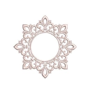 May include: A pale pink circular embroidery design featuring a central open ring surrounded by eight symmetrical fleur-de-lis motifs and intricate scrolling filigree patterns, creating a star-like shape with a clean, stitched texture.