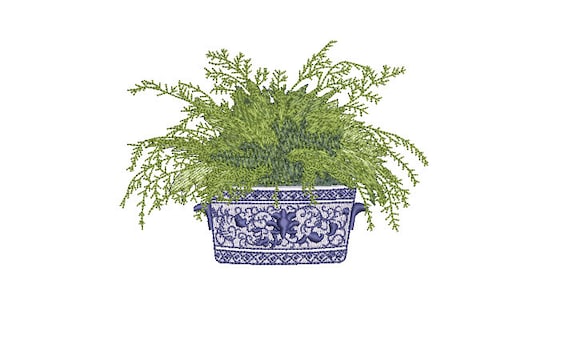 Chinoiserie Silk Fern -  Hamptons Pot Plant - Machine Embroidery File design - 5x7 inch hoop - Instant Download