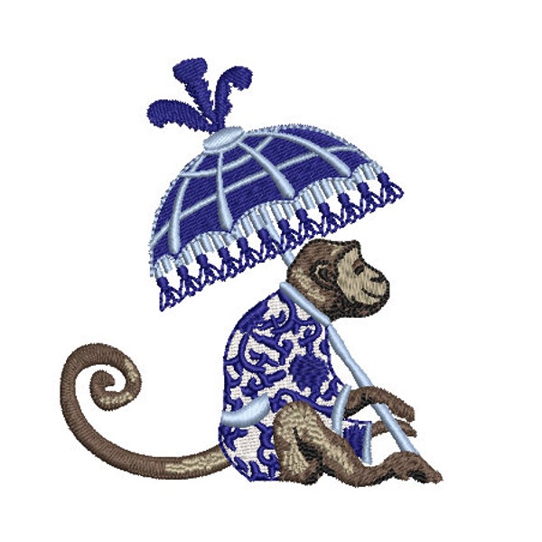 Parasol Monkey Machine Embroidery File design - 4x4 inch hoop - Chinoiserie Chic - Instant Download