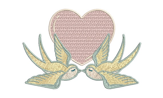 Pastel Heart Birds Machine Embroidery File design - 5x7 inch hoop - Wedding Embroidery instant download