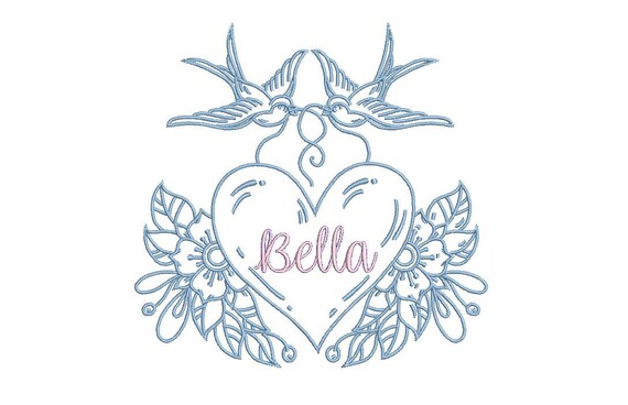 Swallows Heart Monogram Frame Tattoo Retro Machine Embroidery File design 5 x 7 inch hoop