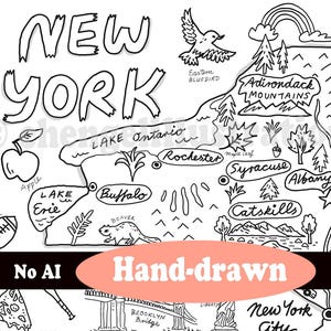 Carte à colorier de l'état de New York - téléchargement en impression numérique - icônes de l'état de New York + page d'illustration de carte