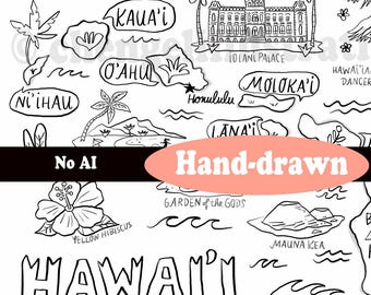 Hawaii State Colouring Map - digital print download - Hawaii State icons + map illustration page