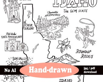 Idaho State Colouring Map - digital print download - Idaho State icons + map illustration page