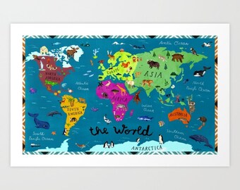 Map of the World Poster Art Print / Art Decor / Kids Nursery Room Art / Wall Decor / Geography Poster