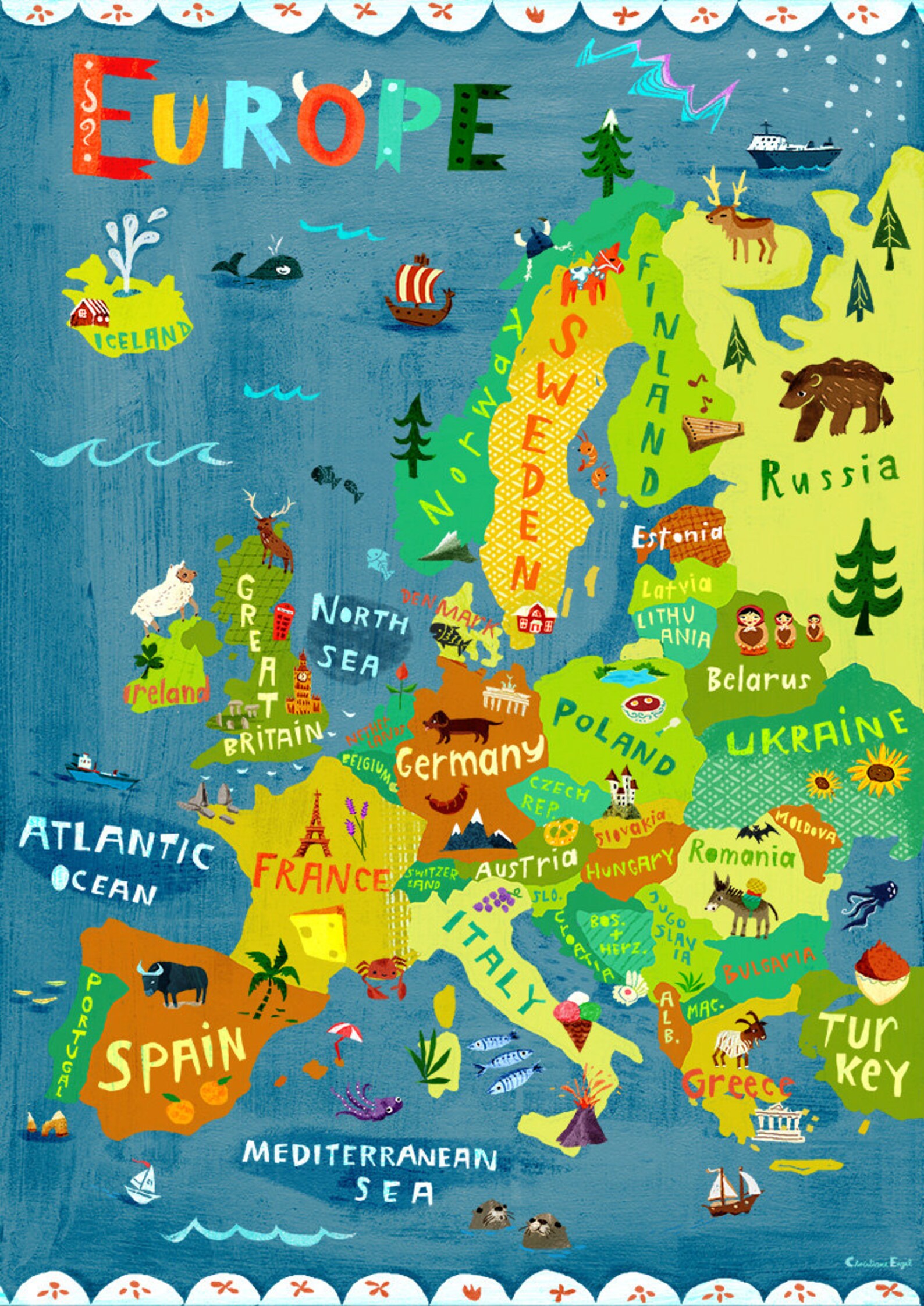 Europe Map Illustration / Digital print poster / Kids Room  Etsy