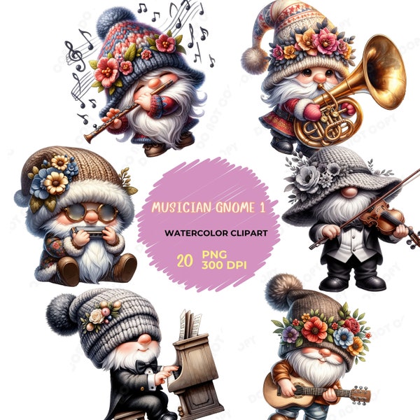 Musician Gnome (Set1) | Music Lover Gnome | Watercolor Musician | Musical Instruments | Music Studio | Melody | Guitar | Piano | Drum | Song