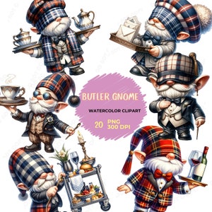 Butler-kabouter, ober, charmante butler, geliefde kabouter, kaboutergift, kabouter kunstzinnig, kabouters schattigheid, kabouters printful, aquarel clipartbundel